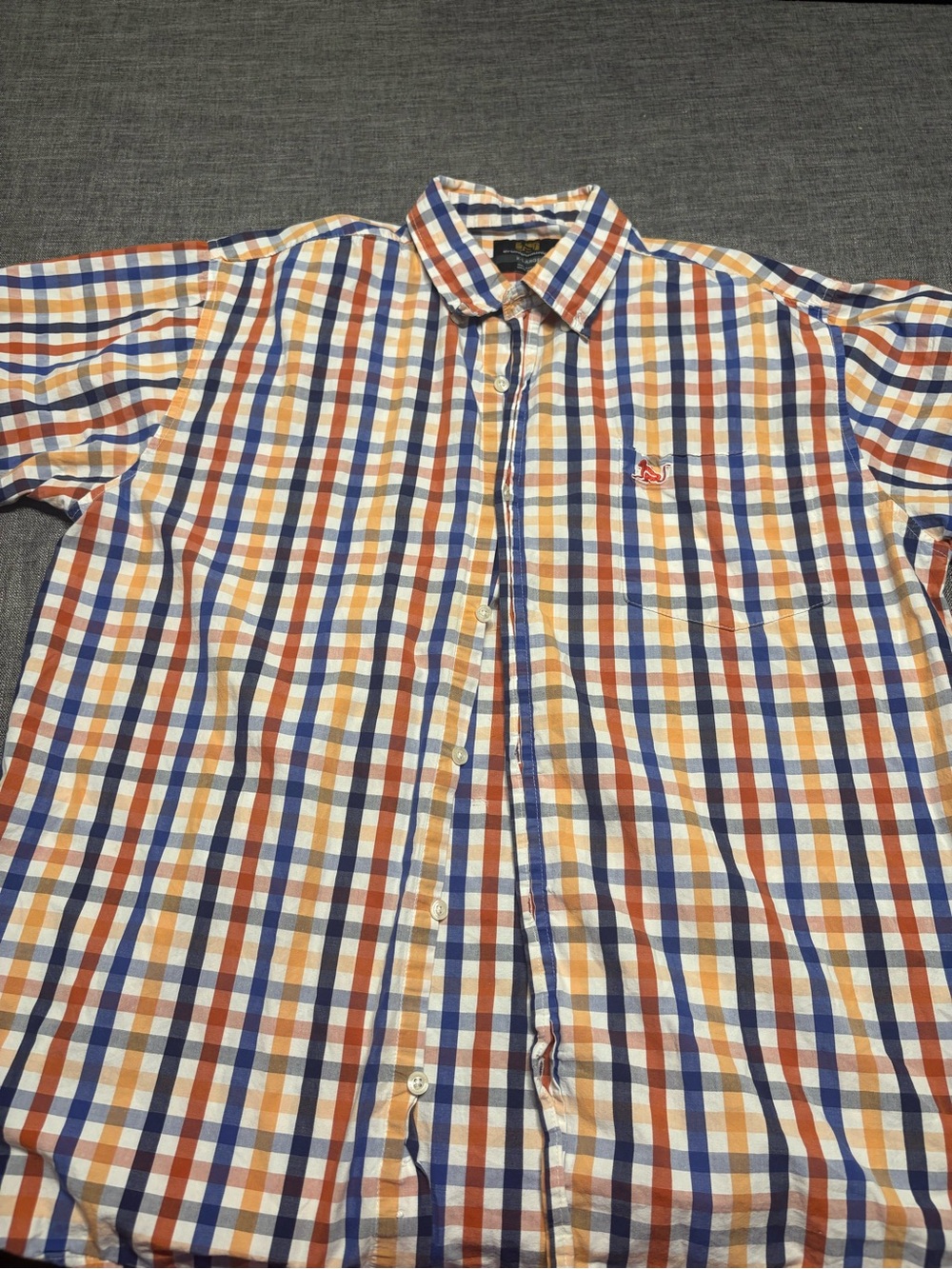 Y2K Drunknmunky Men's plaid Button-Down Blue, Orange & White short sleeve shirt